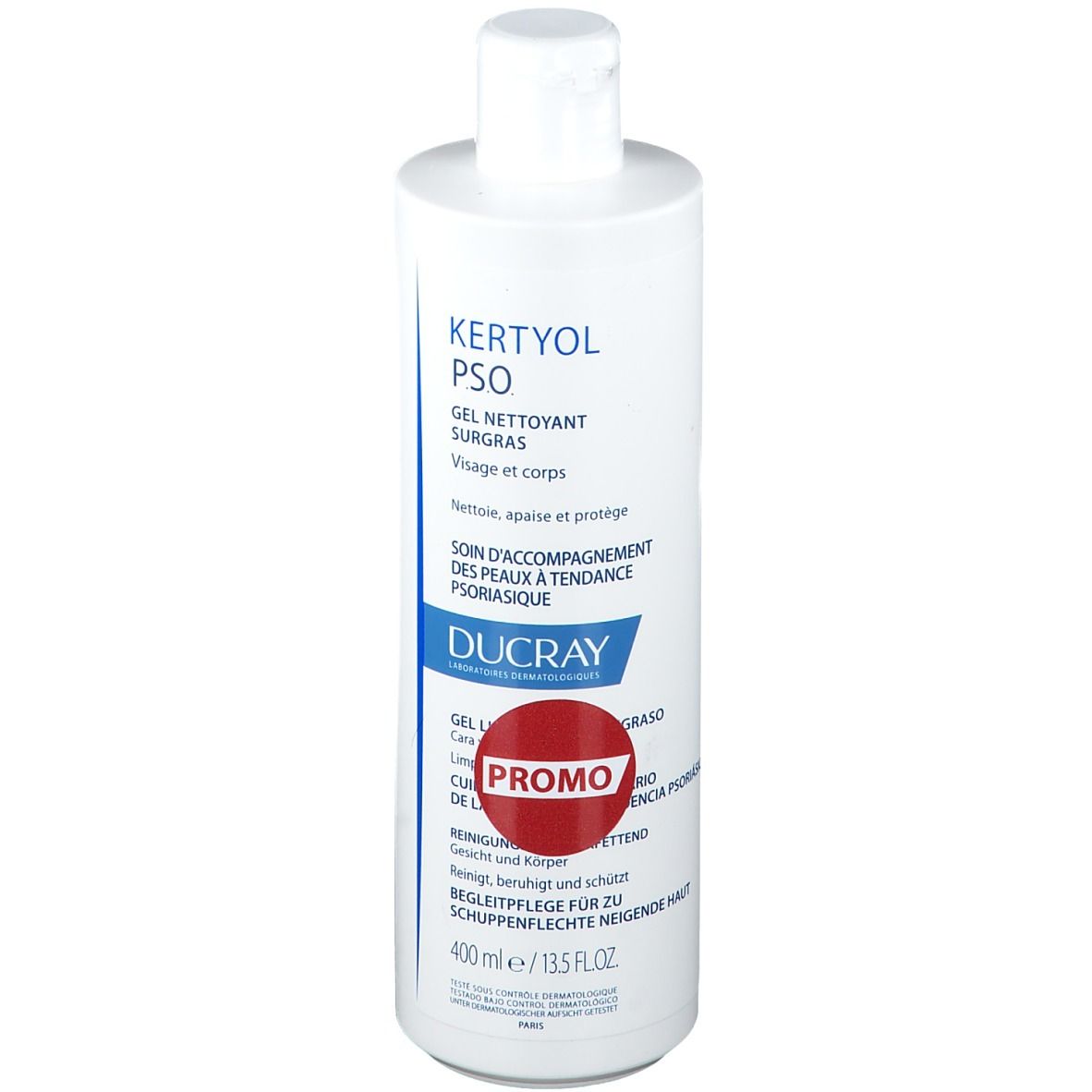 Witte fles Kertyol PSO Reinigingsgel. Opschrift: Gel Nettoyant Surgras. Promo-etiket. 400 ml.
