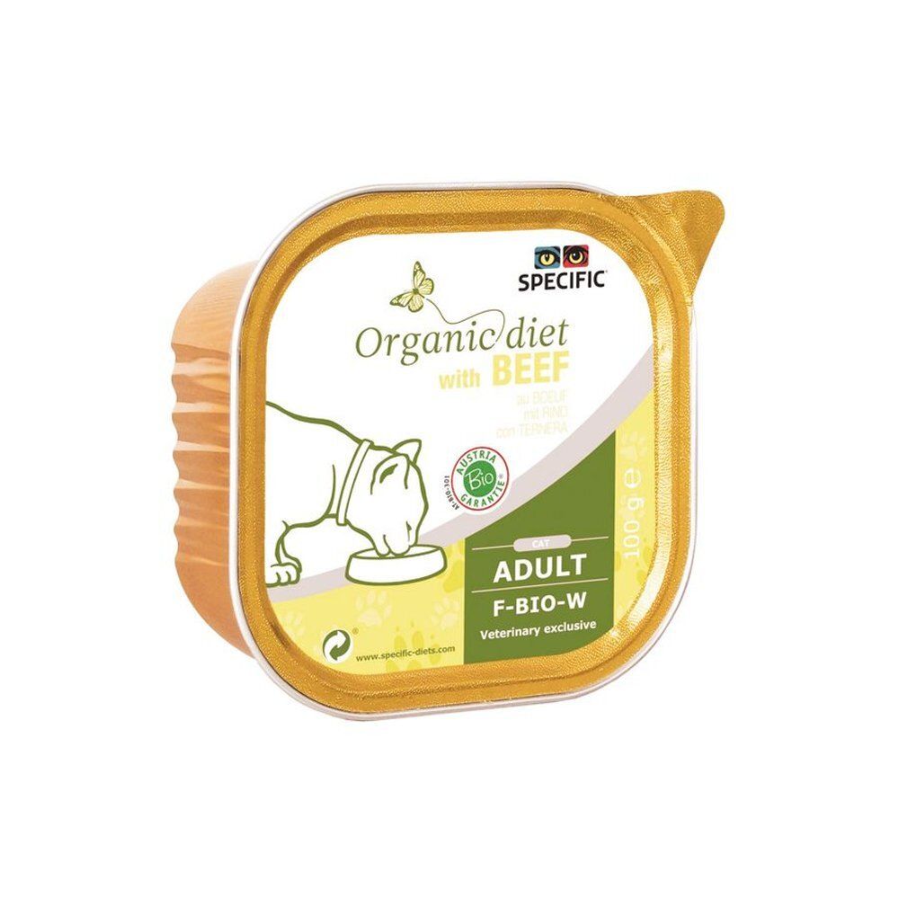 Verpakking Specific Organic Diet met rundvlees. Vierkante bak met deksel. Opschrift: Organic diet with BEEF, F-BIO-W, Adult.