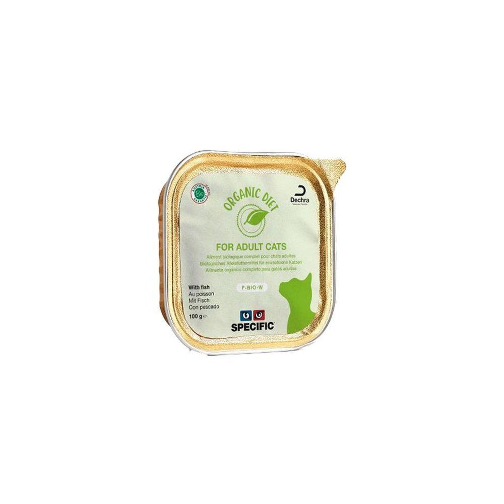 Vierkante bak met kattenvoer. Opschrift: Organic Diet, For Adult Cats, met vis. Merk: Specific.