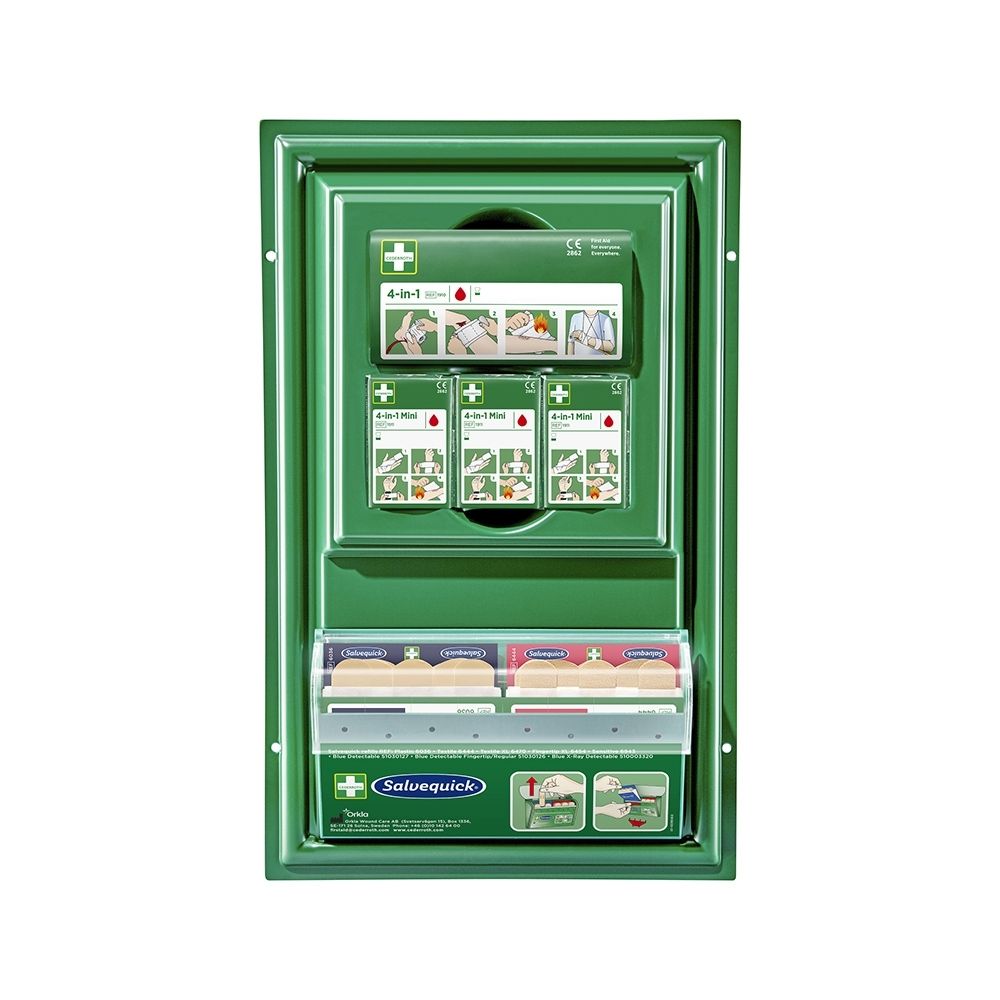 Groene verbanddoos met pleisterdispenser en verbandmateriaal.