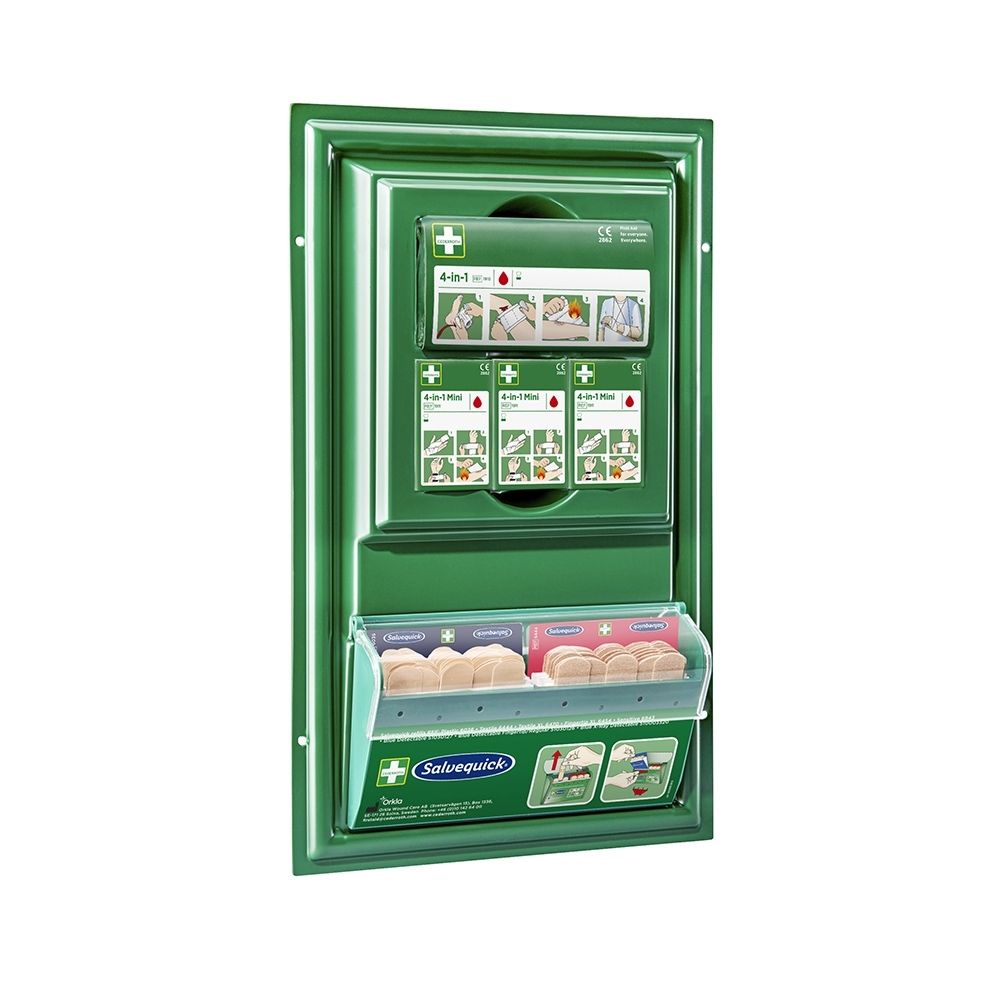 Groene verbanddoos met pleisterdispenser en verbandmateriaal.