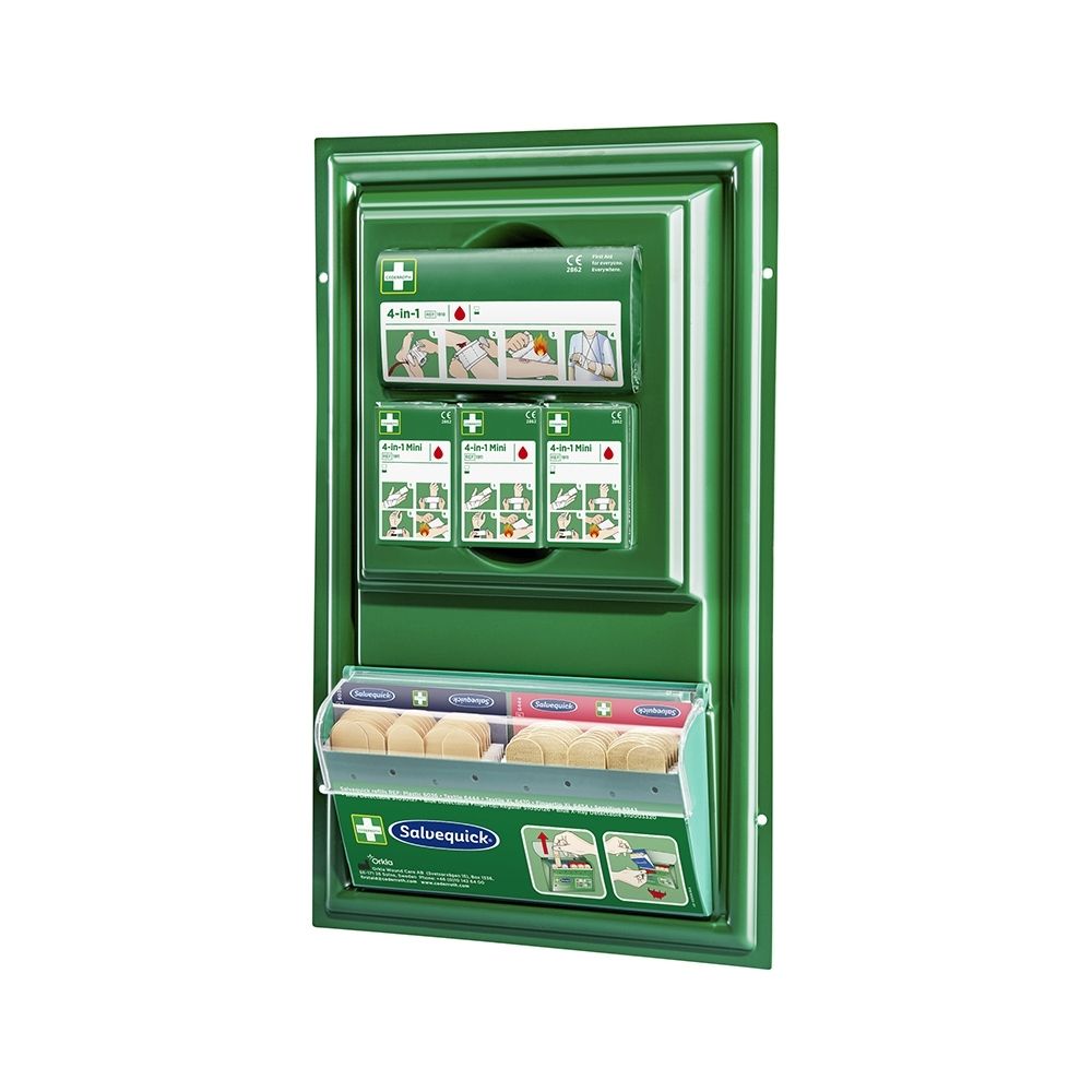 Boîte de premiers secours verte avec distributeur de pansements et matériel de bandage.