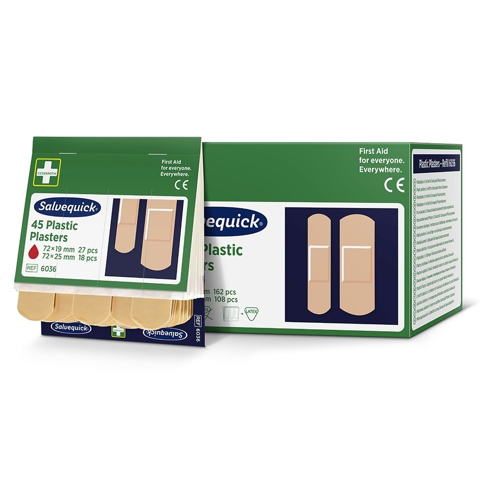 Salvequick 45 Plastic Pleisters verpakking met 162 pleisters en 108 pleisters.