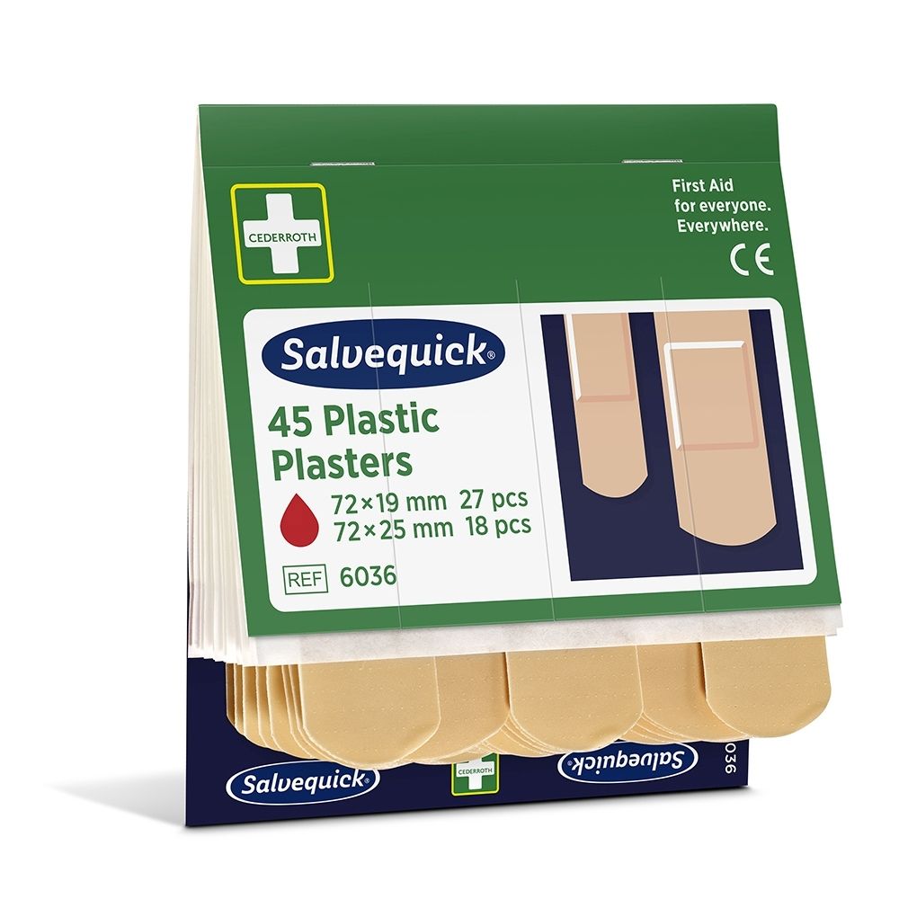 Salvequick 45 Plastic Pleisters verpakking met pleisters, vooraanzicht.