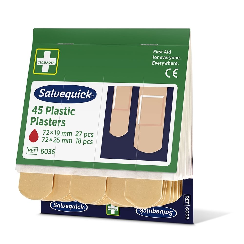 Salvequick 45 Plastic Pleisters verpakking met pleisters, zijaanzicht.