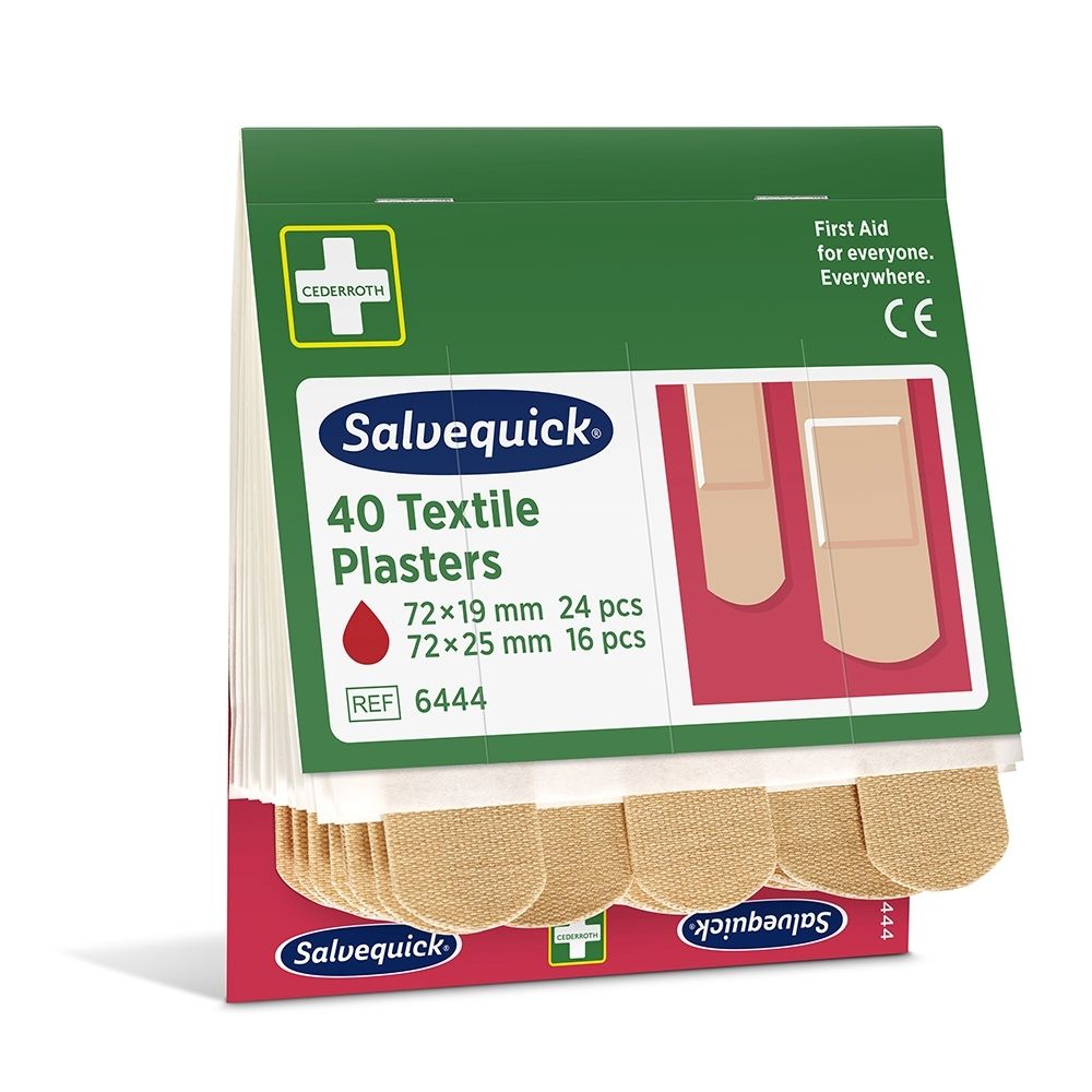 Salvequick Pansement Textile 40 pièces. Emballage montrant tailles 72x19mm (24 pcs) et 72x25mm (16 pcs).