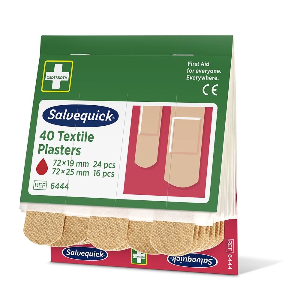 Salvequick Pansement Textile 40 pièces. Emballage montrant tailles 72x19mm (24 pcs) et 72x25mm (16 pcs).