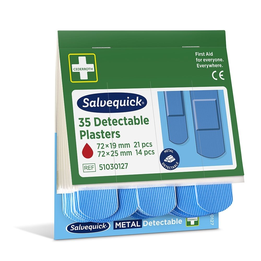 Verpakking met 35 Salvequick Metal Detectable pleisters in twee maten.