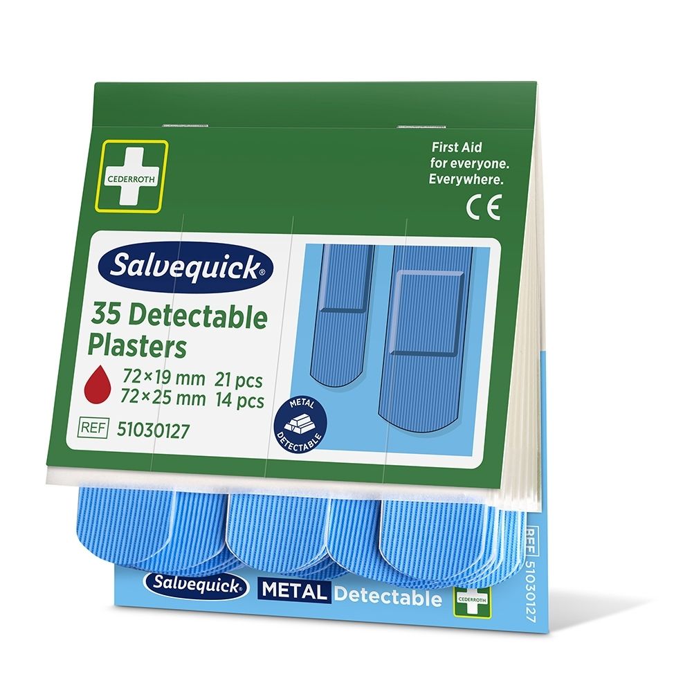 Salvequick 6x35 Detectable Refill 51030127 emballage avec instructions d'utilisation en quatre étapes.