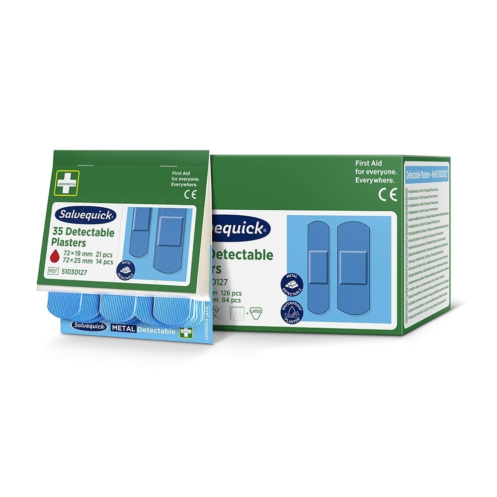 Salvequick 6x35 Detectable Refill 51030127 verpakking met meertalige productinformatie.