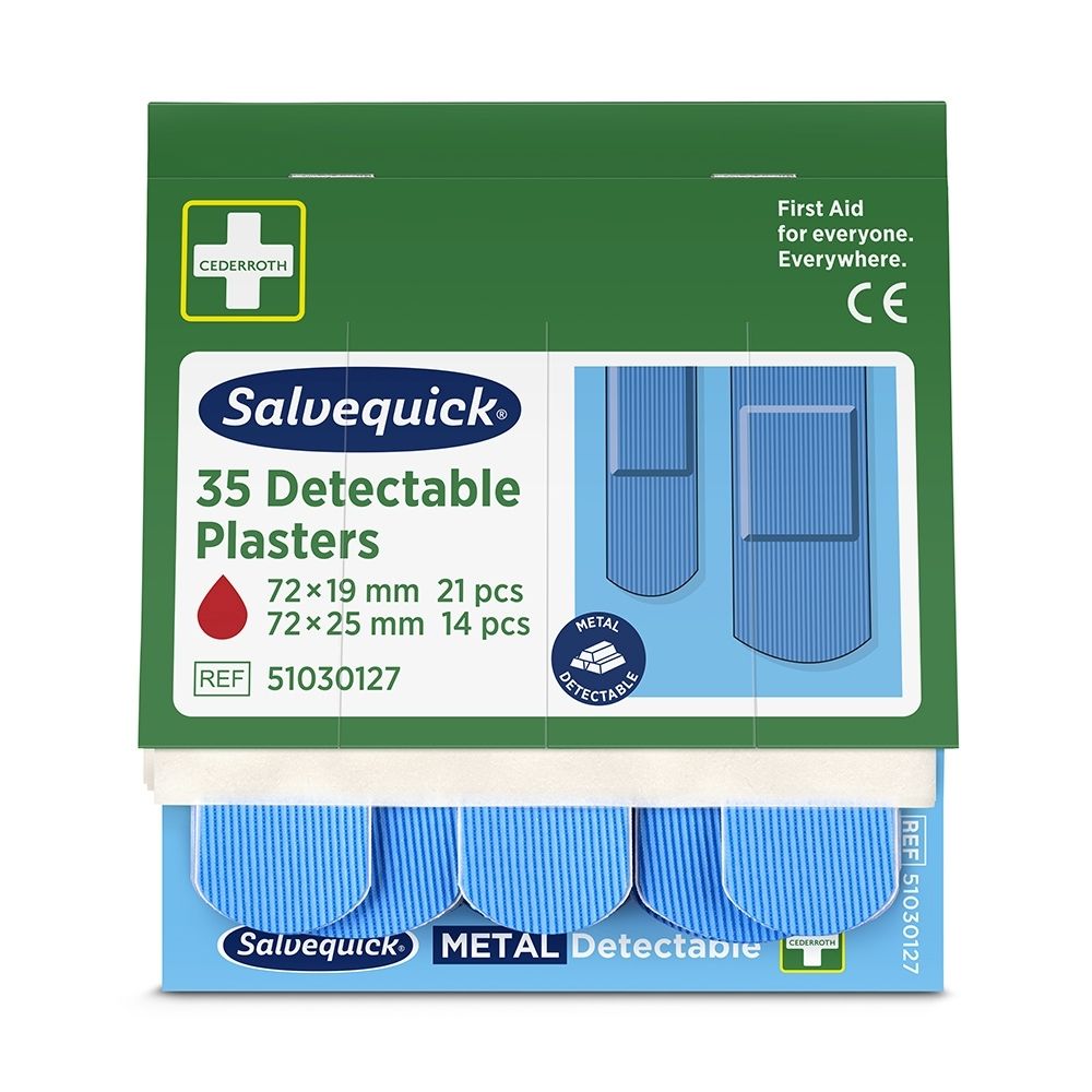Salvequick 6x35 Detectable Refill 51030127 verpakking met meertalige productinformatie.