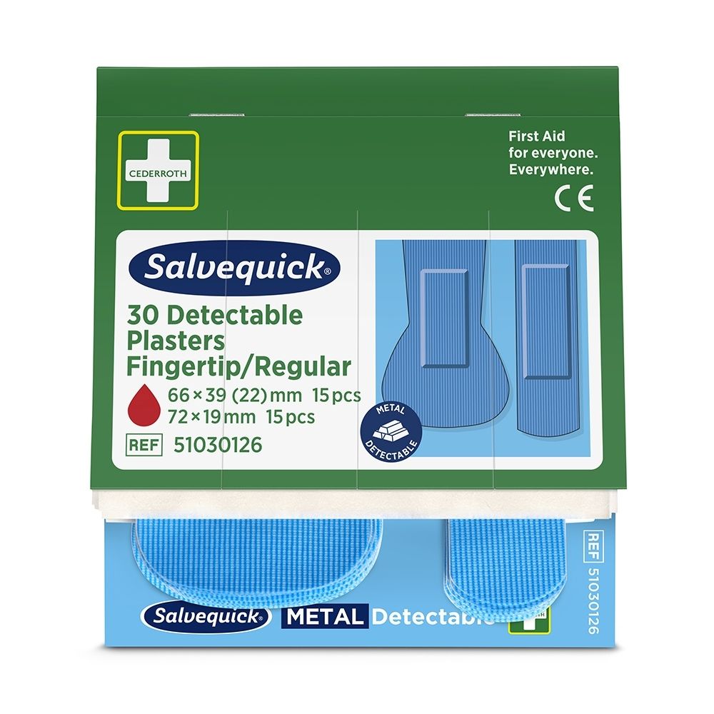 Verpakking met 30 Salvequick Detecteerbare Pleisters, vingertop/regulier, 66x39mm en 72x19mm.