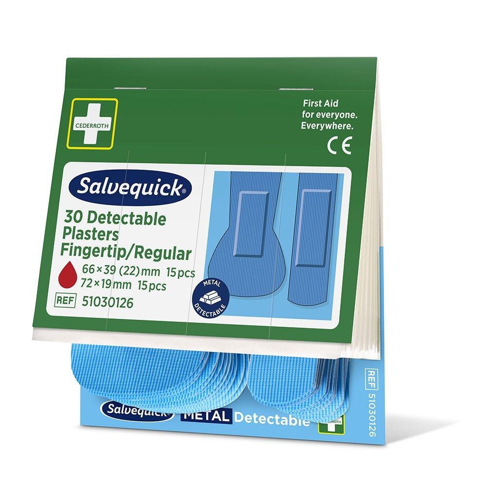 Verpakking met 30 detecteerbare pleisters voor vingers van Salvequick.