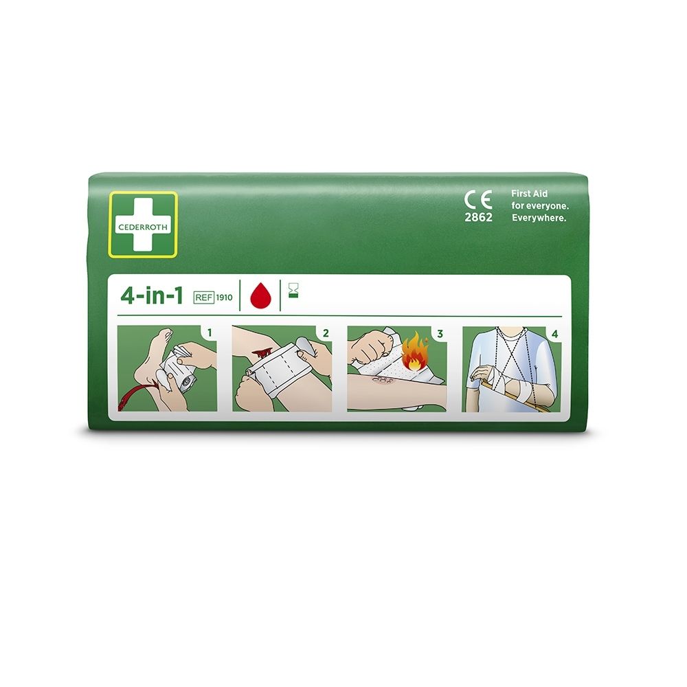 Pansement Cederroth 4-en-1. Emballage vert avec croix blanche et pictogrammes d'application.