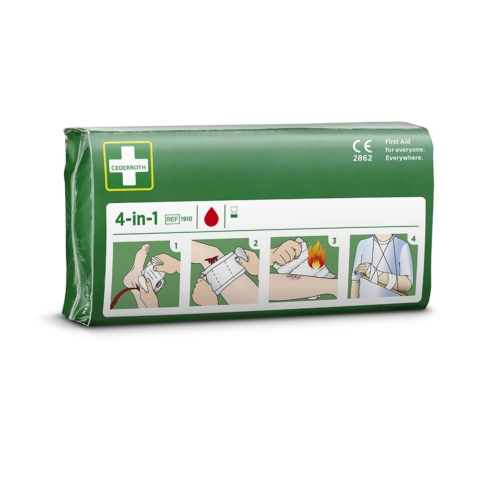 Cederroth 4-in-1 verband. Groene verpakking met wit kruis en toepassingspictogrammen.