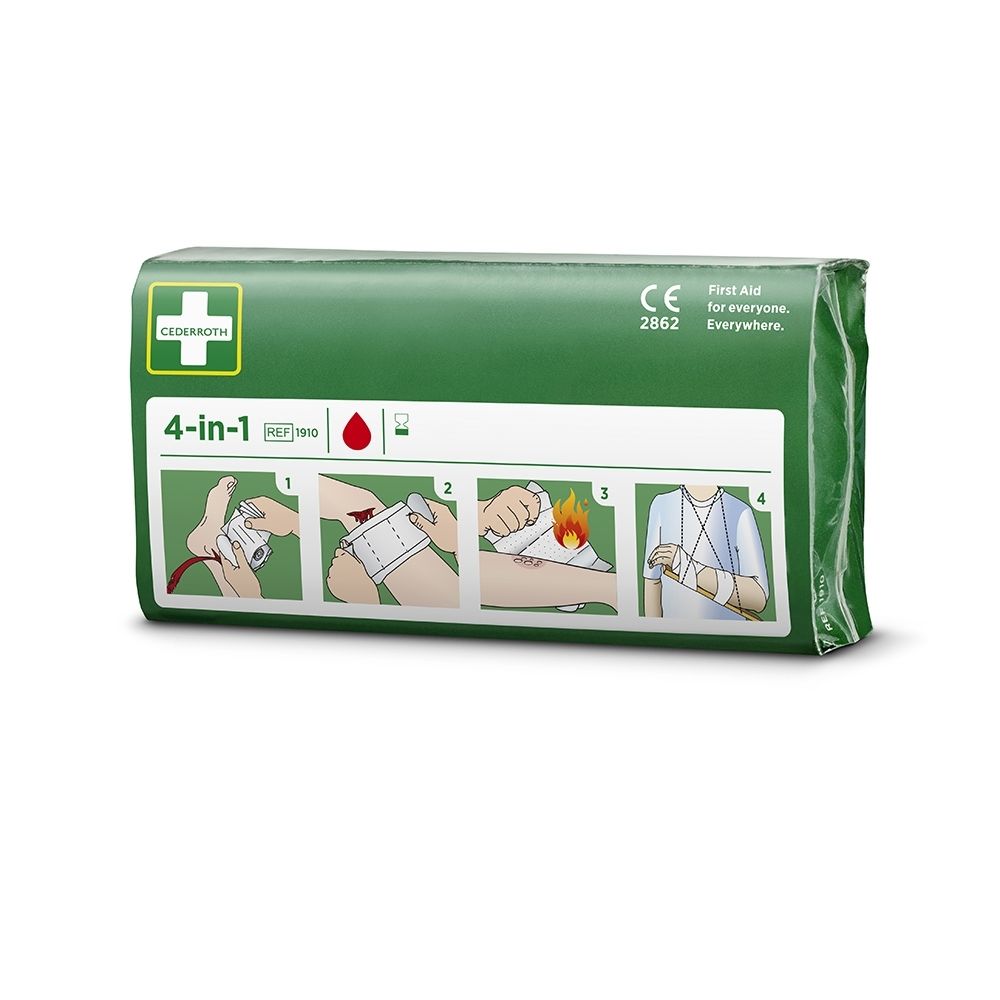 Pansement Cederroth 4-en-1. Emballage vert avec croix blanche et pictogrammes d'application.