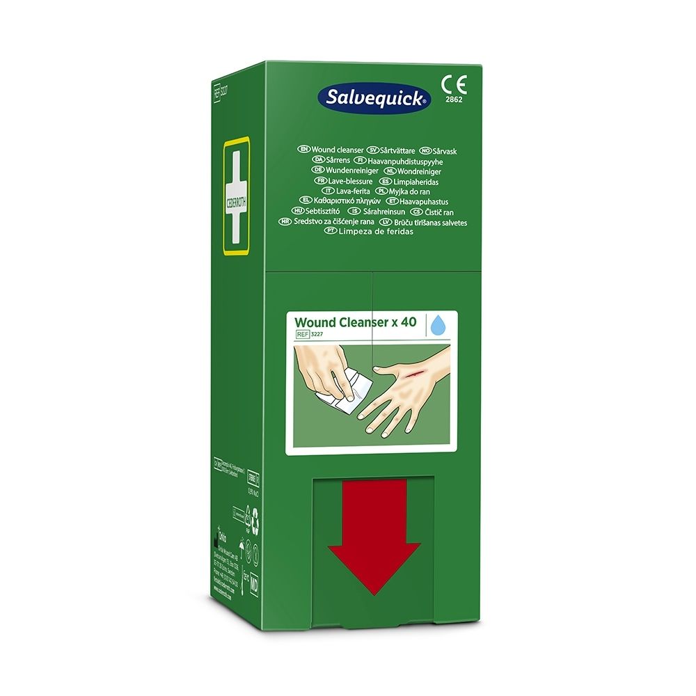 Salvequick Wondreiniger, 40 stuks. Steriel zoutoplossing. Afbeelding toont reiniging van een wond.