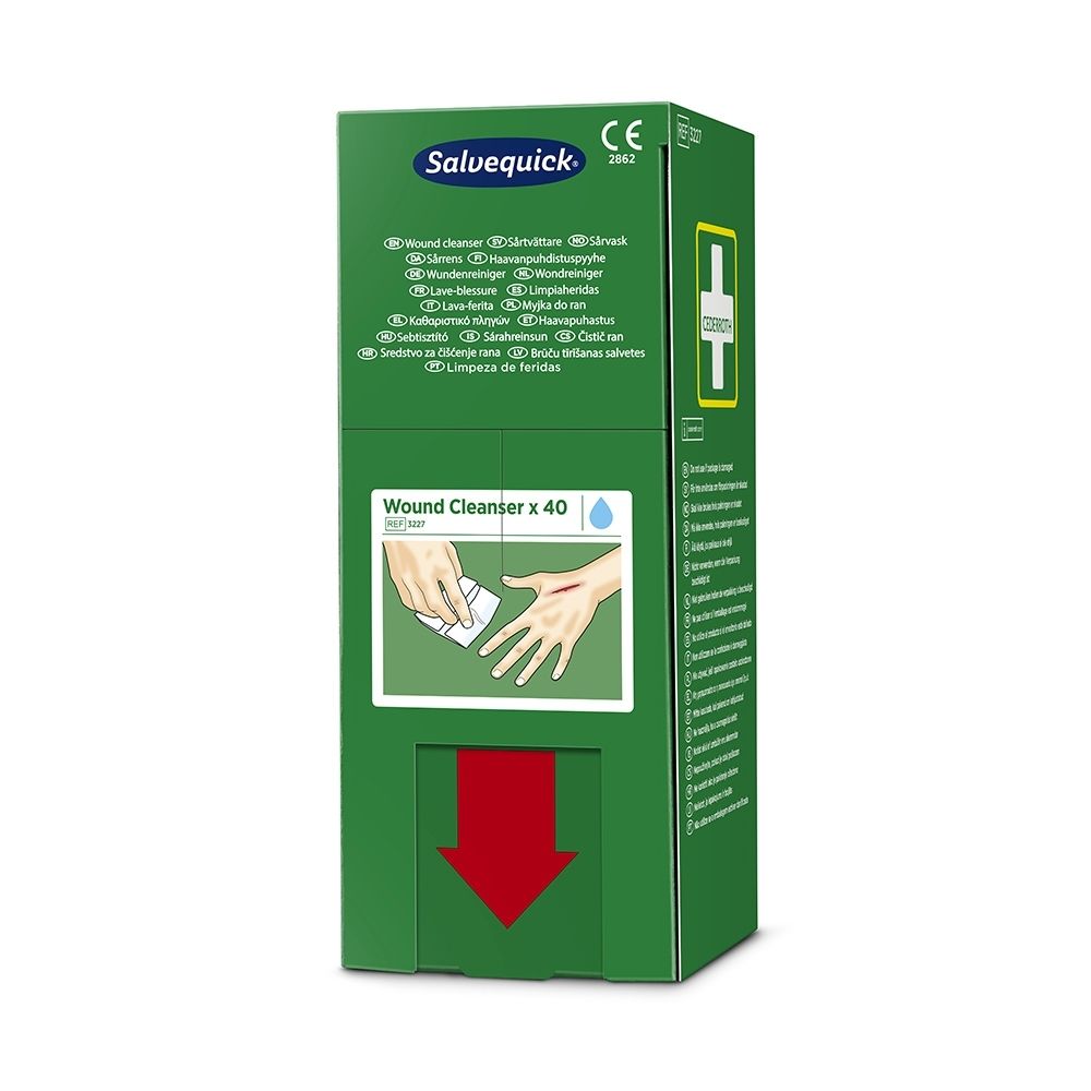 Salvequick Lingettes nettoyantes pour plaies x 40. Emballage vert avec flèche rouge.