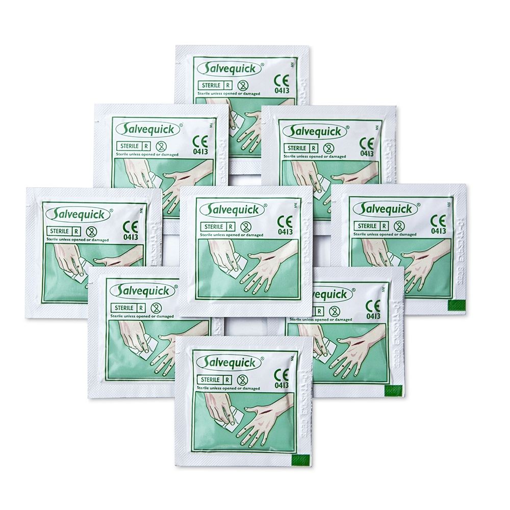 Salvequick Lingettes nettoyantes pour plaies x 40. Emballage vert avec flèche rouge.