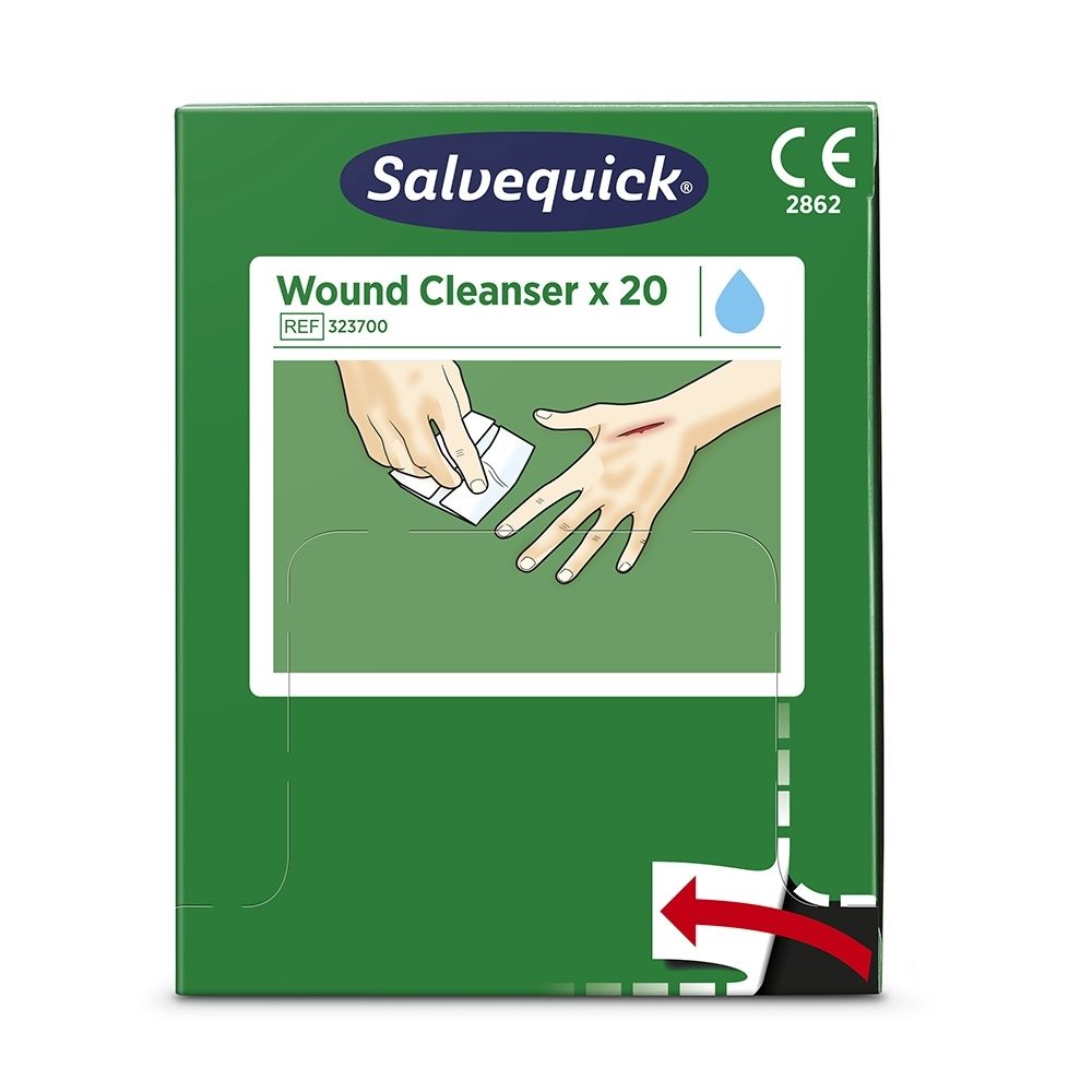 Groene doos Salvequick Wondreiniger, 20 stuks. Toont hand met snijwond en reinigingsdoekje.