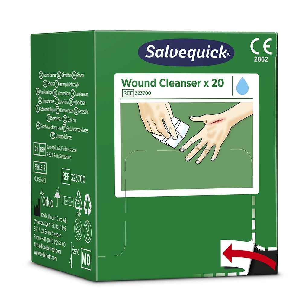 Groene doos met Cederrroth logo en Salvequick Wondreiniger, 20 stuks.