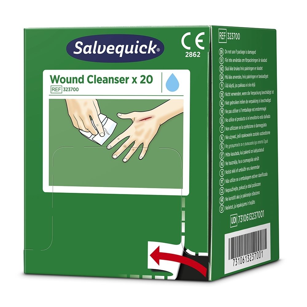 Zijaanzicht van een groene doos met barcode en meertalige instructies.