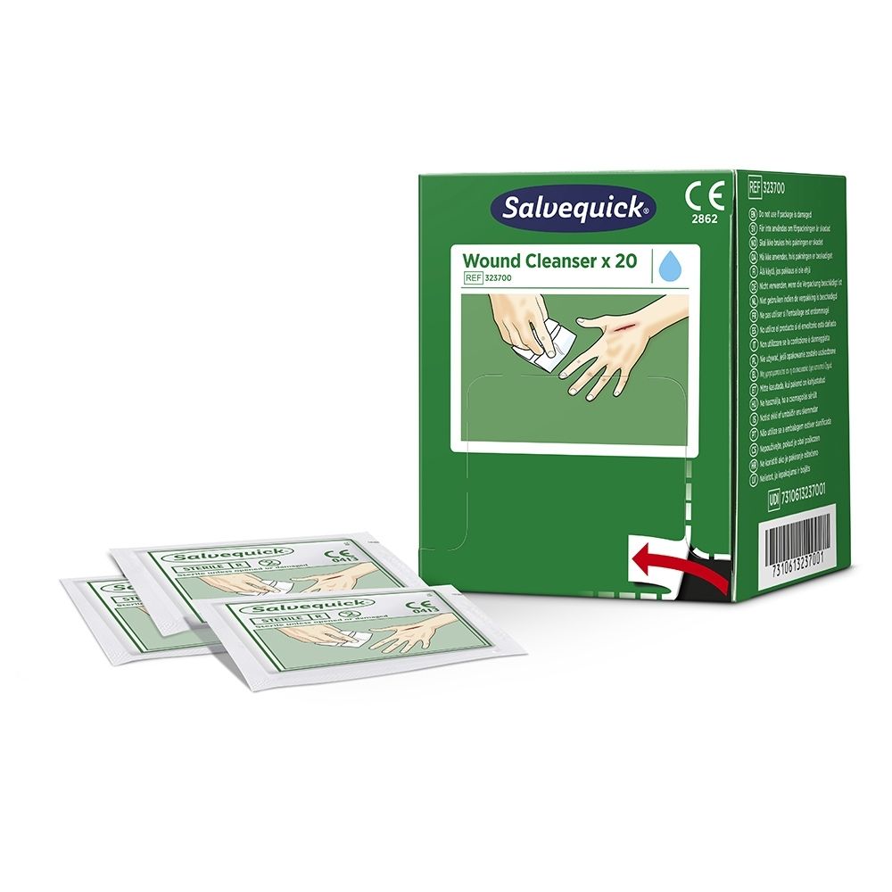 Groene doos Salvequick Wondreiniger, 20 stuks. Toont hand met snijwond en reinigingsdoekje.