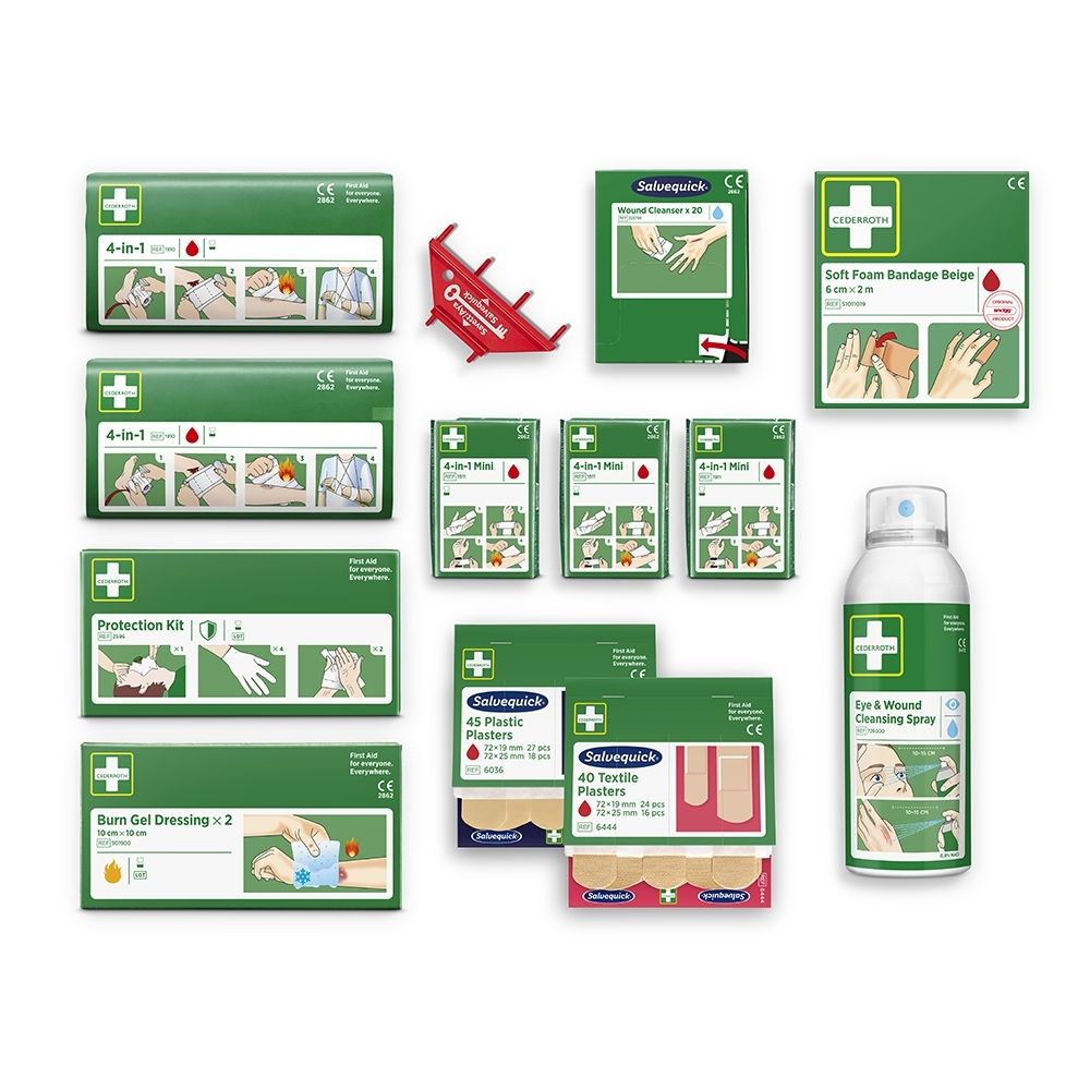Emballage d'un kit de recharge de premiers secours illustrant le contenu et une station de premiers secours.