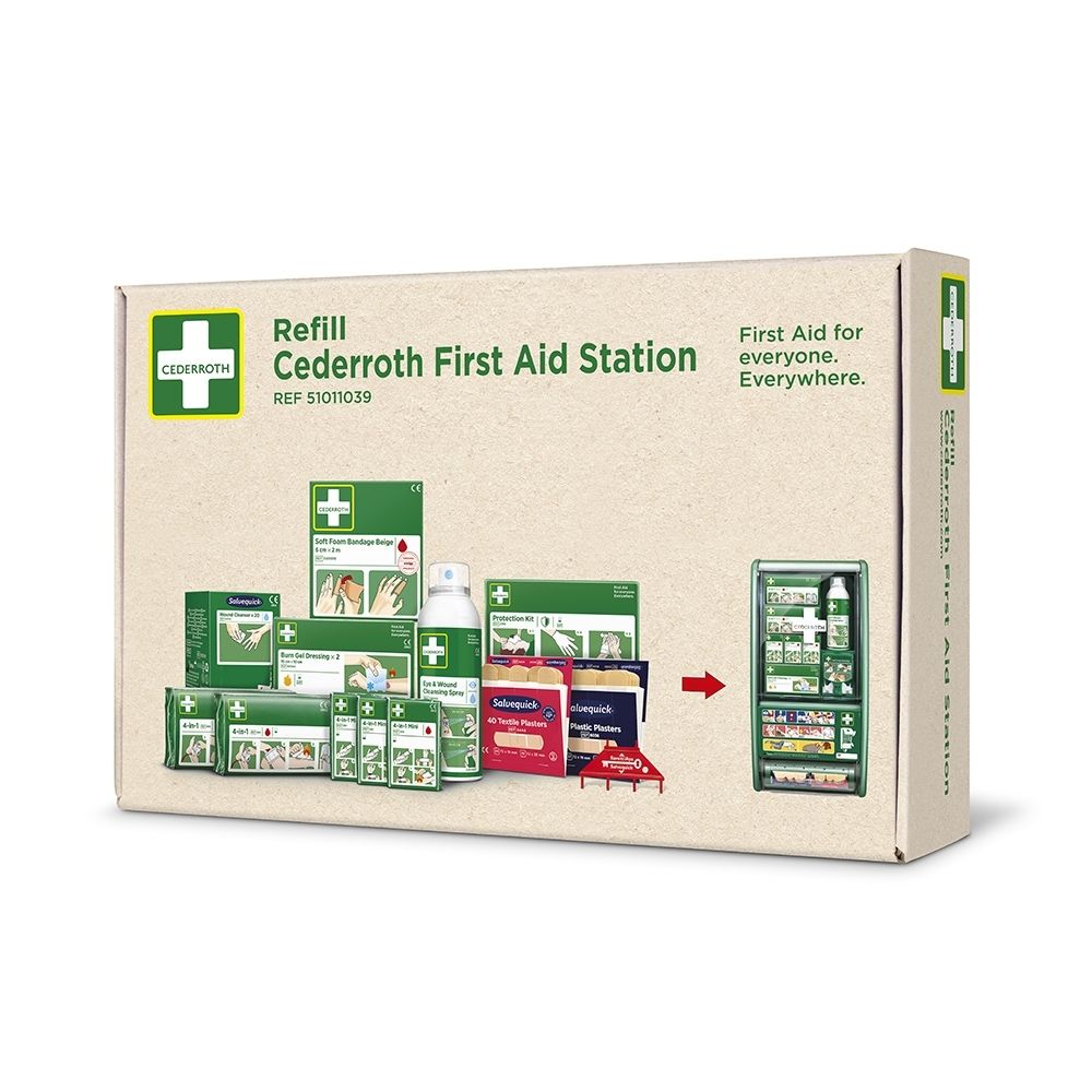 Emballage d'un kit de recharge de premiers secours illustrant le contenu et une station de premiers secours.