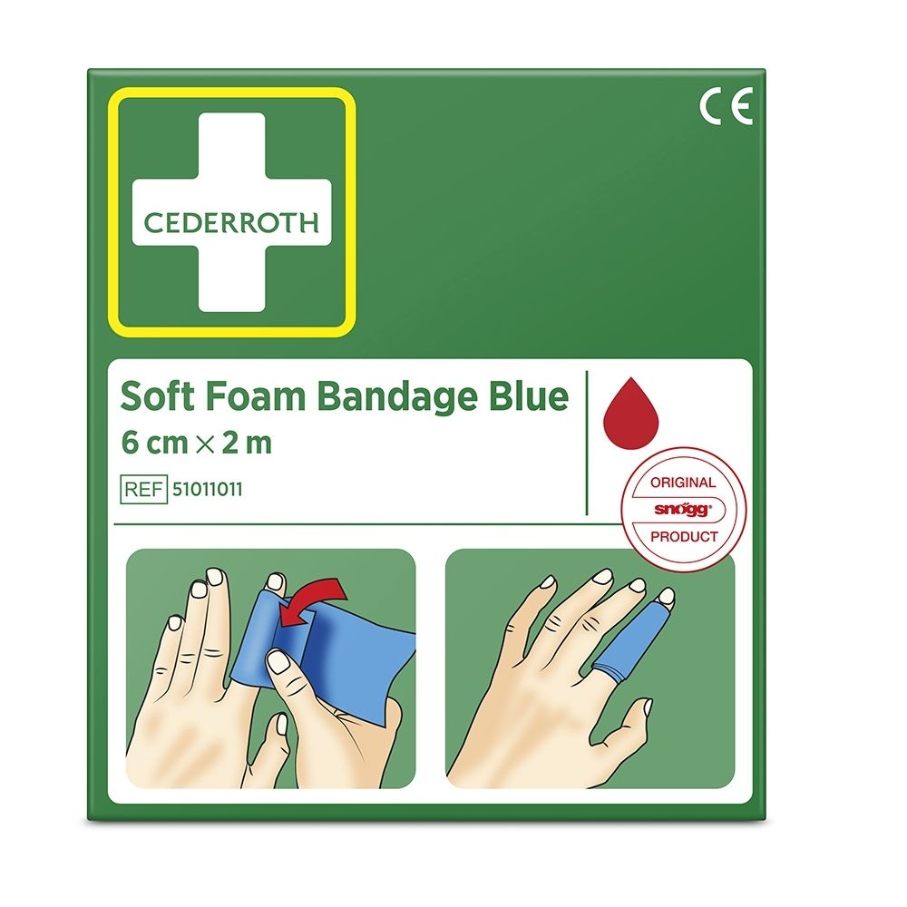 Voorkant van de Cederroth Soft Foam Bandage verpakking. Toont het product en gebruiksinstructies.
