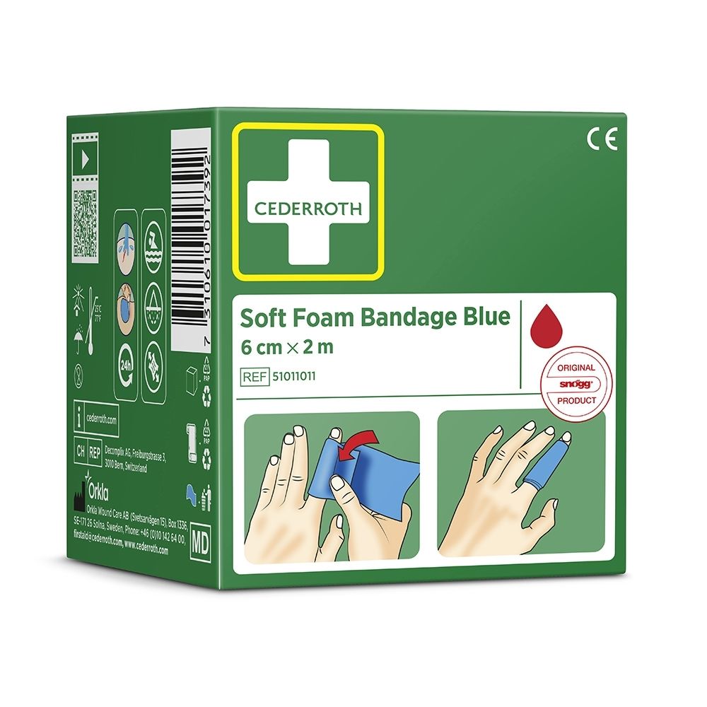Achterkant van de Cederroth Soft Foam Bandage verpakking. Toont gebruiksinstructies en productinformatie.