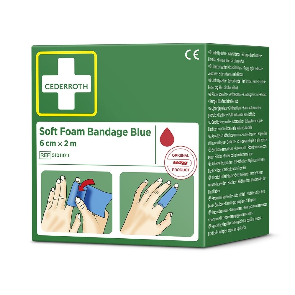 Zijaanzicht van de Cederroth Soft Foam Bandage verpakking met meertalige productbeschrijvingen.