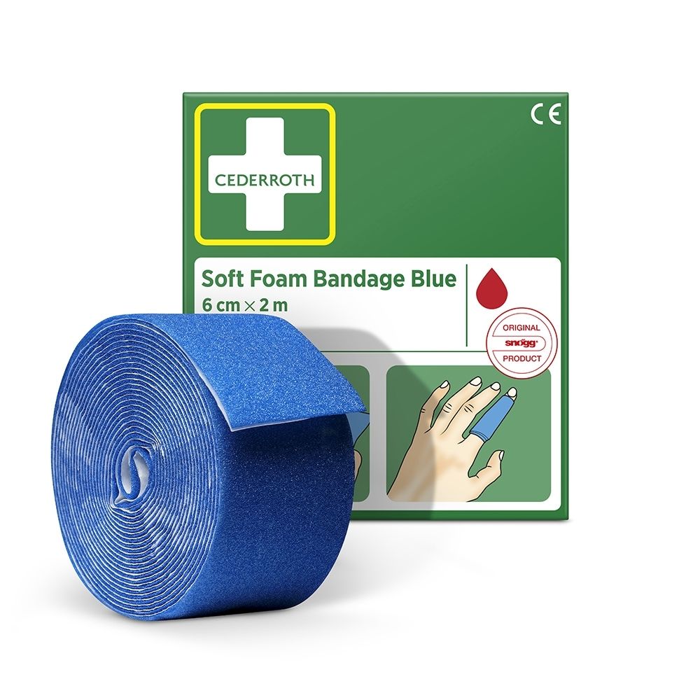 Zijaanzicht van de Cederroth Soft Foam Bandage verpakking met meertalige productbeschrijvingen.