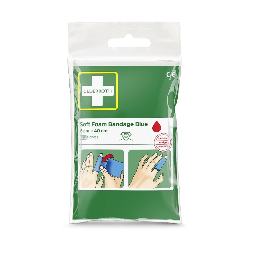 Cederroth Soft Foam Bandage Blauw, 6x40cm, CE-gecertificeerd, latexvrij, met toepassingsinstructies.