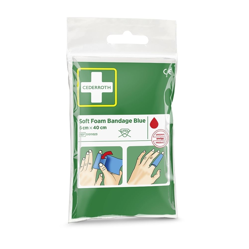Cederroth Soft Foam Bandage Blauw, 6x40cm, CE-gecertificeerd, met toepassingsinstructies.