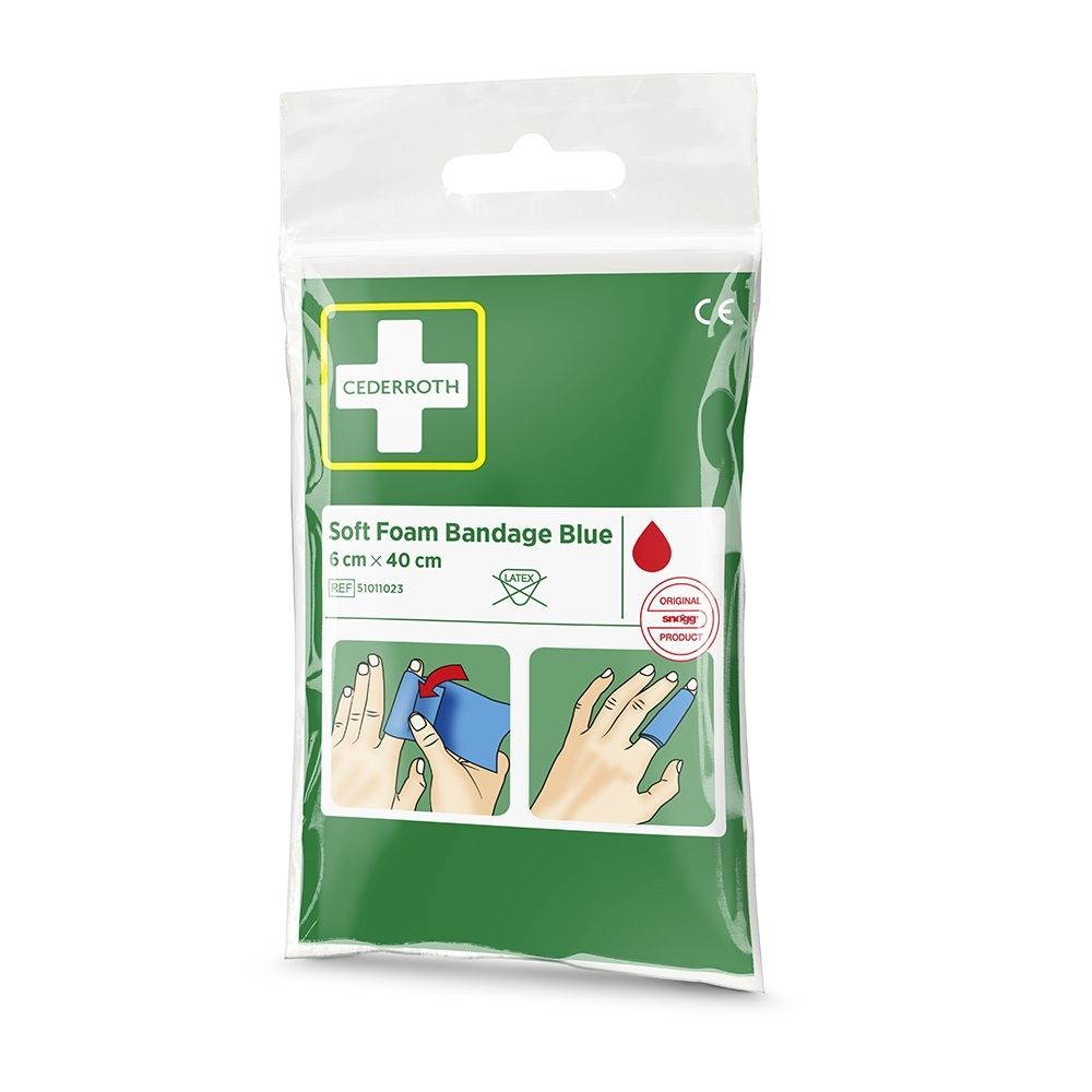 Cederroth Soft Foam Bandage Blauw, 6x40cm, CE-gecertificeerd, latexvrij, met toepassingsinstructies.