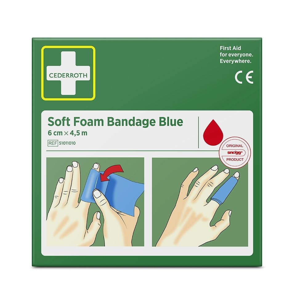 Groene productverpakking voor Cederroth Soft Foam Bandage Blauw, 6 cm x 4,5 m. Toont toepassingsinstructies.