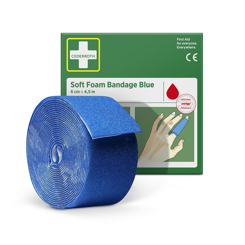 Groene productverpakking voor Cederroth Soft Foam Bandage Blauw, 6 cm x 4,5 m. Toont toepassingsinstructies en symbolen.