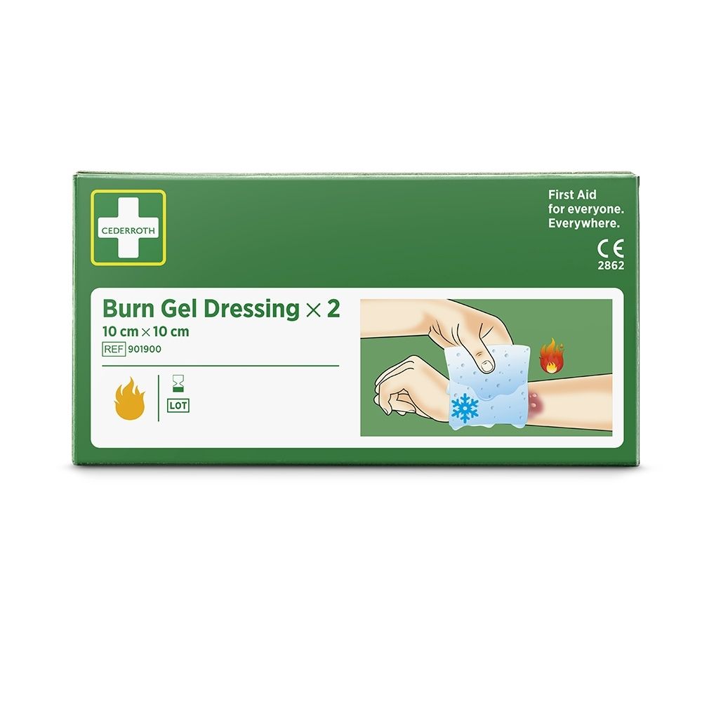 Cederroth Burn Gel Verband 10x10cm, 2 verbanden. Vooraanzicht van de groene verpakking met productillustratie.