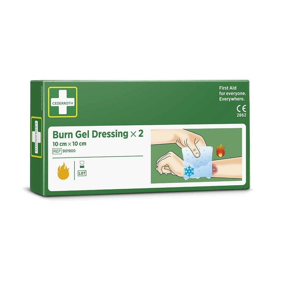 Cederroth Burn Gel Verband 10x10cm, 2 verbanden. Perspectivisch aanzicht van de groene verpakking met wit kruis.