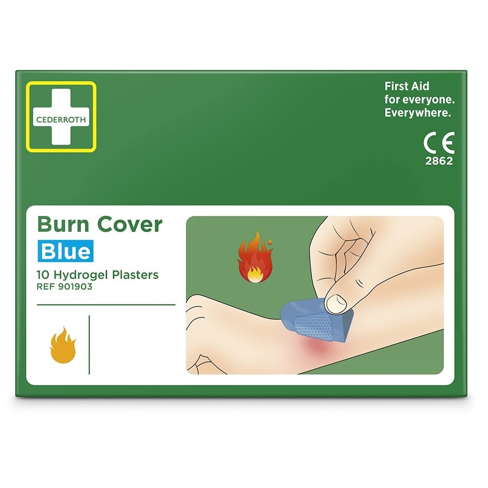 Cederroth Burn Cover Blue Hydrogel pleisters. Groene doos met afbeelding van brandwond.