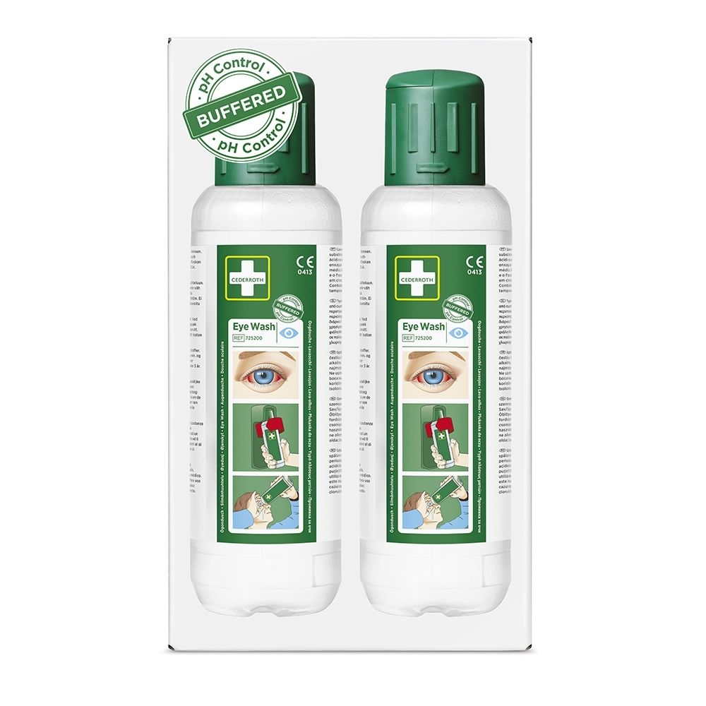 Emballage de deux flacons de lavage oculaire, étiquette avec texte français, symbole d'œil et instructions d'utilisation.