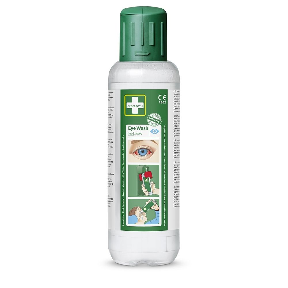 Emballage de deux flacons de lavage oculaire, vue latérale avec instructions d'utilisation en français.