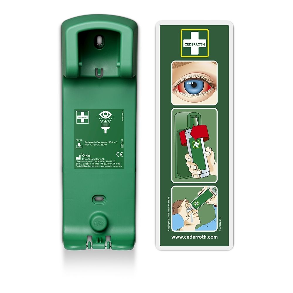 Support mural vert pour lavage oculaire, avec support et instructions.