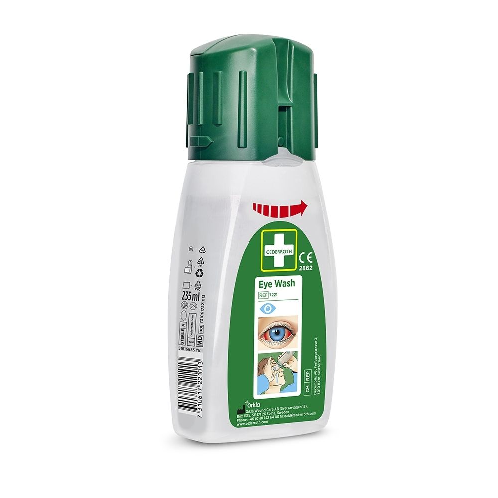 Flacon de lavage oculaire CEDERROTH, 235 ml, avec bouchon vert et marquage CE.