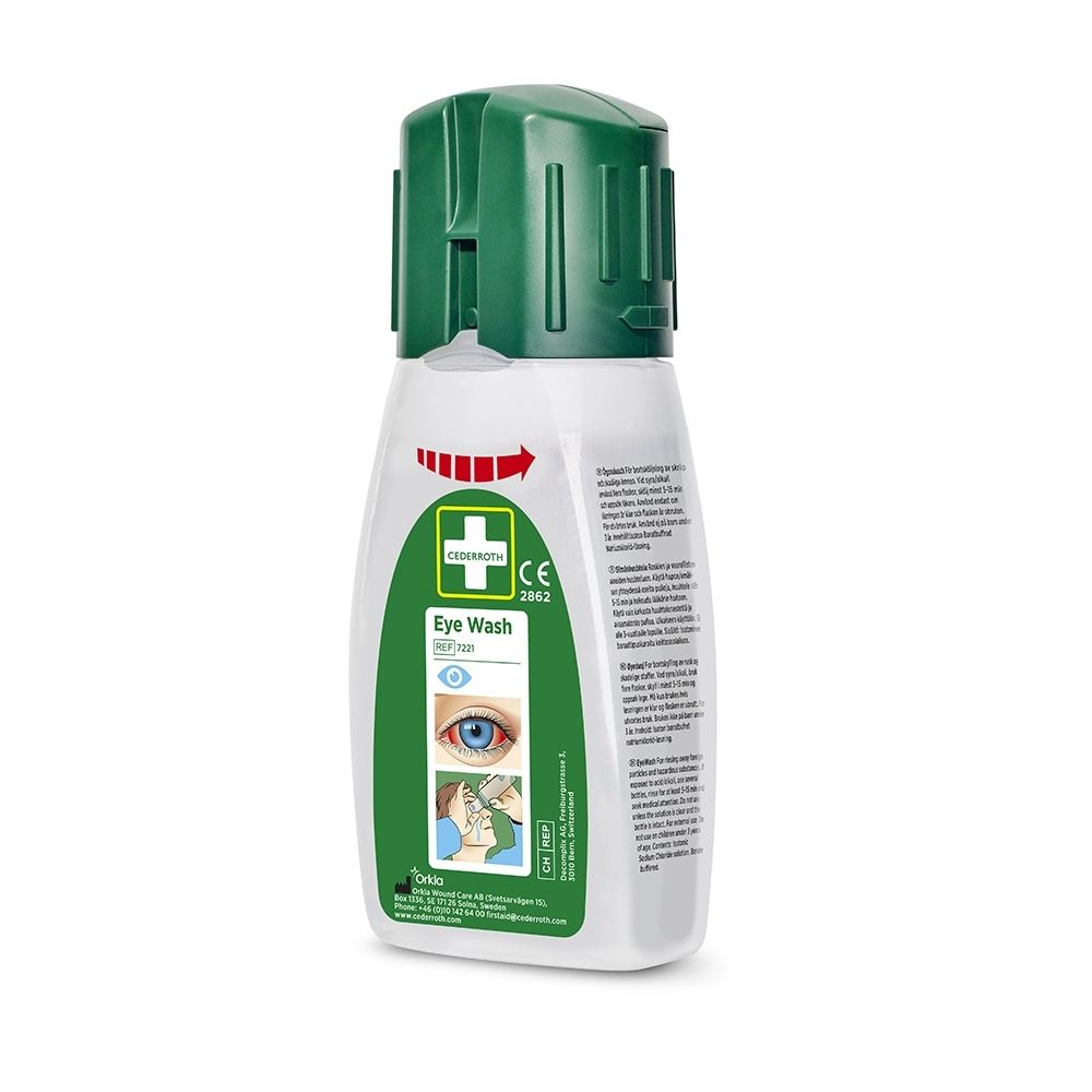 Gros plan du flacon de lavage oculaire CEDERROTH, focus sur l'étiquette et le bouchon.