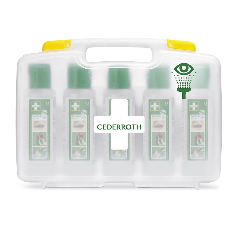Open witte oogspoelkast met vijf flessen oogspoelvloeistof en Cederroth-logo.