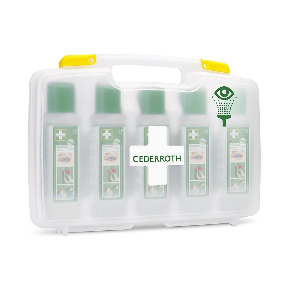 Gesloten witte oogspoelkast met vijf flessen oogspoelvloeistof en Cederroth-logo.