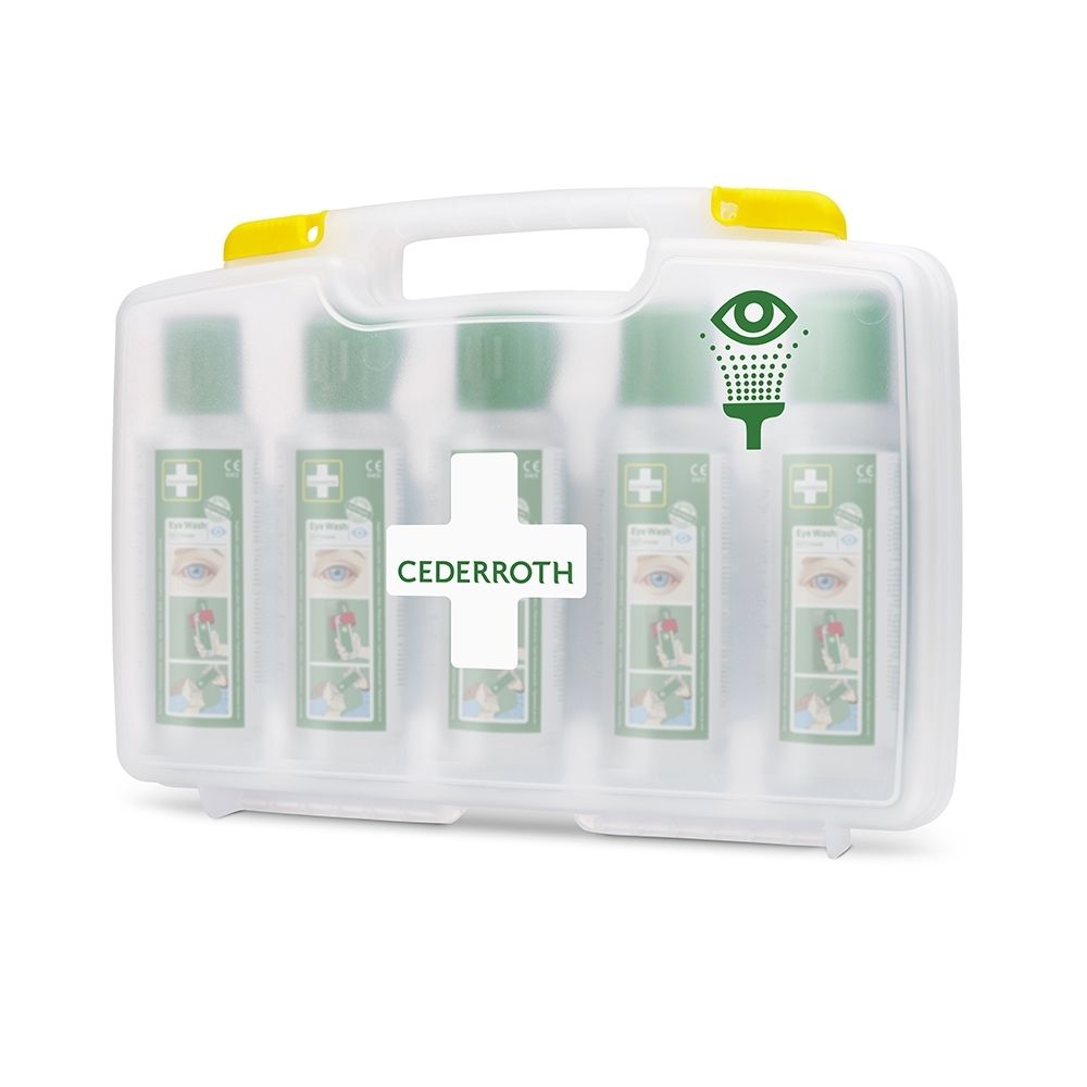 Boîte de premiers secours pour les yeux avec cinq flacons de solution oculaire, légèrement ouverte.