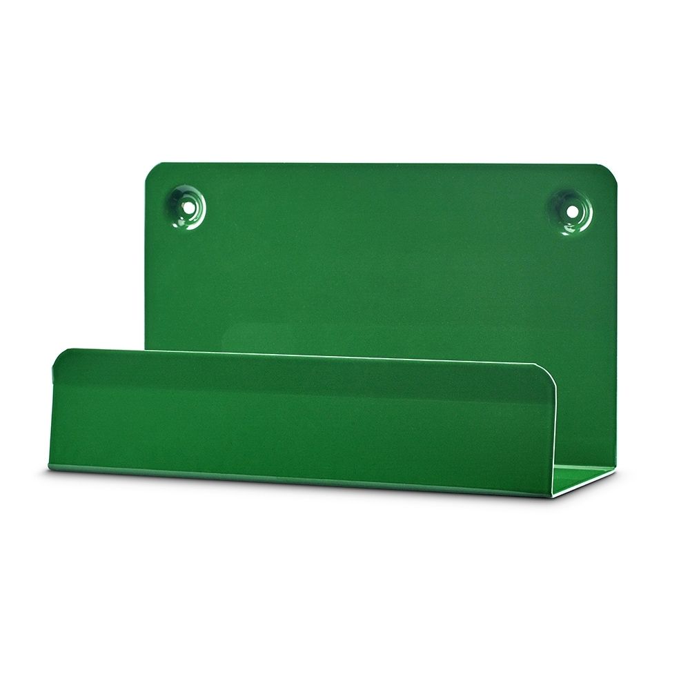Achterkant van een groene wandhouder voor EHBO-koffers met etiket.
